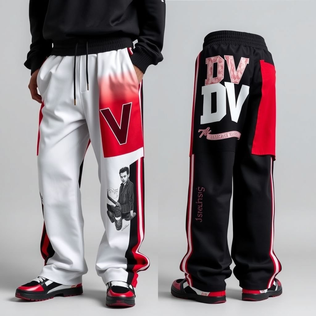 Manfinity Streetrush Men's Street Sporty Academy Style, INS Matched With High Street Hip-Hop Oversized Letter Chicago Football Elements. These Black And White Color-Block Design Ultra-Wide Sports Sweatpants Feature Multiple Stripes, Black With Red Paneling Design, And Front And Back Pattern Designs, Along With A Creative Double Waistband. They Are Suitable For All-Season Wear, Embody Street Rock Aesthetics, And Are Perfect For Music Festivals And Everyday Outfits, Making Them An Excellent Gift For Boyfriends Or Husbands. This Style Reflects Y2K Streetwear ,Men's Two-Tone Outdoor Sports , Chicago Jersey , Streetwear , Streetwear Sweatpants. Put “DV” somewhere on it.
Introducing the "Manfinity Streetrush" collection: sport-infused streetwear pants combining Y2K vibes with Chicago football elements. Crafted in a black-and-white color block, these ultra-wide sweatpants feature bold red paneling, dynamic stripes, and a unique double waistband. Adorned with oversized lettering “DV” and artistic patterns, they redefine urban aesthetics for music festivals and daily wear.