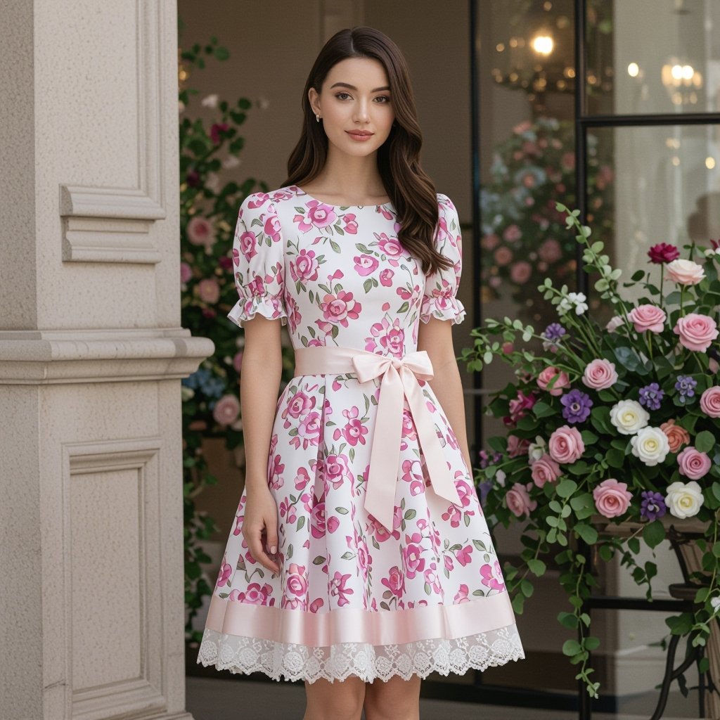 Main fabric: • The same floral fabric (pink/purple with small and delicate flowers). 3. Collar: • Simple round collar. • Decorate the collar with a thin satin ribbon strip. 4. Sleeves: • Short and slightly puffy. • Wrists exactly like the first photo: • Pleated floral fabric. • Underneath is a layer of thin white lace. • On the joint, a thin satin ribbon tied with a small bow. 5. Waist: • Narrow belt made of satin ribbon. • Place a small and delicate bow in front. 6. Skirt: • A line to the knee (without much pleats). • At the bottom edge of the skirt: • Add a row of cream lace. • Sew a thin line of ribbon on top of the lace. 7. Overall style: • Simple, minimal and childish. • Special, stylish and different from the existing repetitive models. • Dominant color: soft pink with small flowers + white details (net) and cream (skirt edge)
**Fabric**: Pink/purple floral fabric. **Collar**: Simple round neck with a thin satin ribbon trim. **Sleeves**: Short, slightly puffy, with pleated floral fabric cuffs, delicate white lace underneath, and a satin ribbon bow. **Waist**: Narrow satin ribbon belt with a small front bow. **Skirt**: A-line, knee-length, with cream lace and a ribbon detail at the hem.
