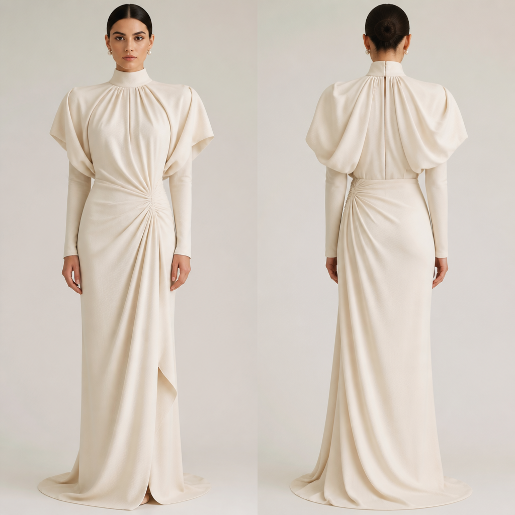 A Female Dress design, made of Wool, for Wedding, suitable for Summer, in Glamorous + Quiet Luxury style. this is a resilient dress for wedding guests it is cotton light way oversized on the shoulder with higher neck oversize on the shoulders and their neck the sleeves but with with thinner sleeves coming through. realex gathering on top. Design with modest coverage.
photorealistic fashion design, A Female Dress design, made of Wool, for Wedding, suitable for Summer, in Glamorous + Quiet Luxury style. this is a resilient dress for wedding guests it is cotton light way oversized on the shoulder with higher neck oversize on the shoulders and their neck the sleeves but with with thinner sleeves coming through. realex gathering on top. Design with modest coverage., glamorous style, just the design no text, show front and back