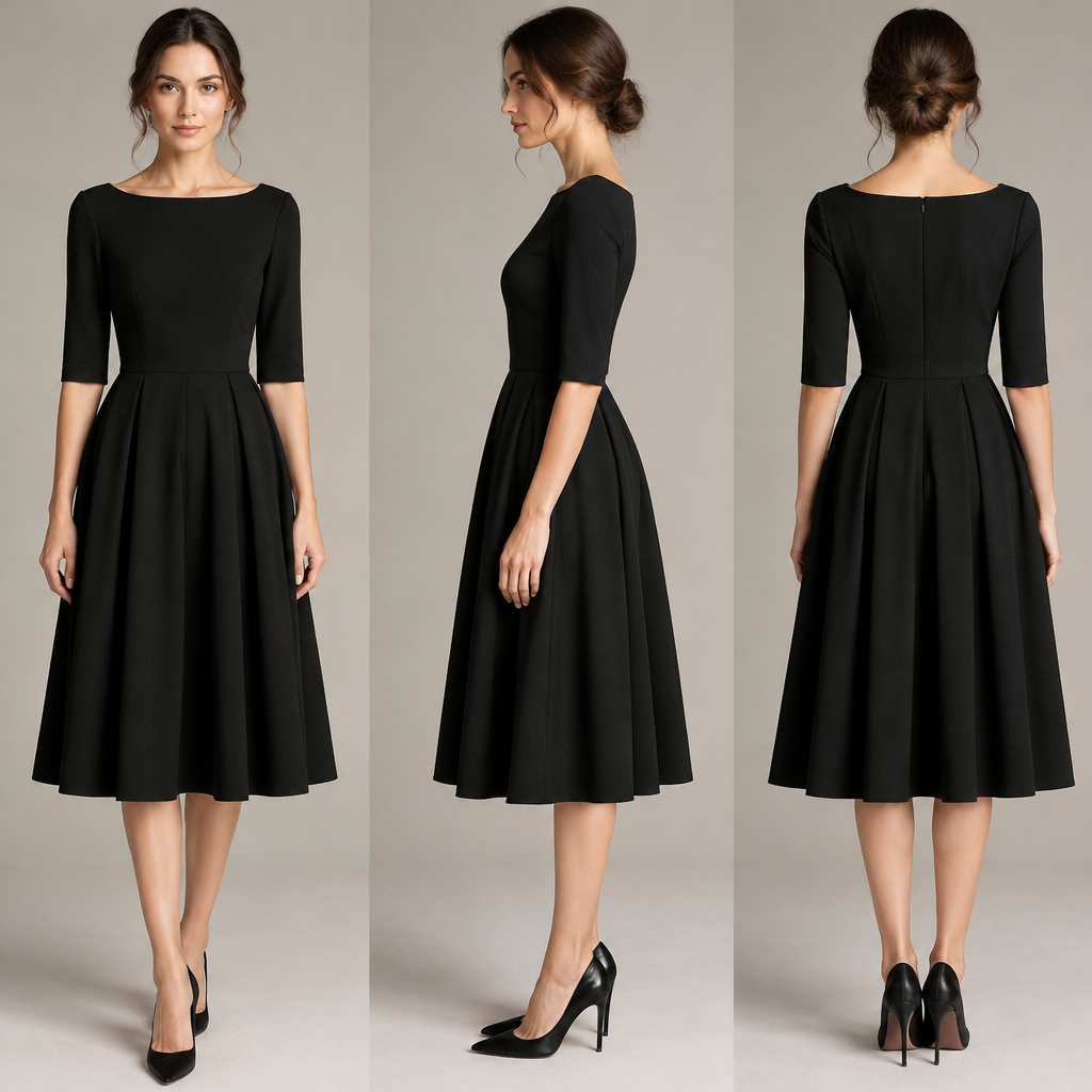 black dress classic midle
photorealistic fashion design, black dress classic midle, classic style, just the design no text