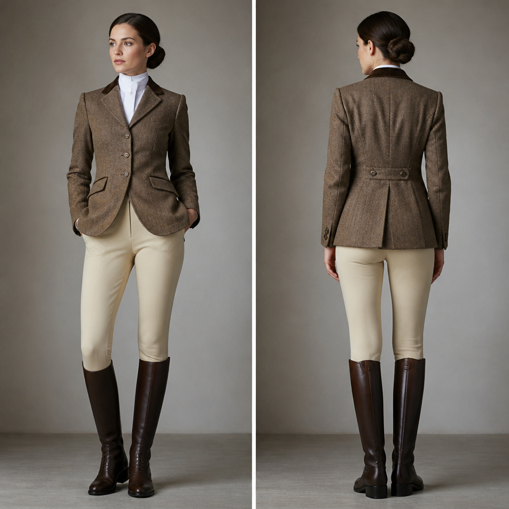 Make a stylish, old-school, old-money equestrian outfit for woman.
photorealistic fashion design, Make a stylish, old-school, old-money equestrian outfit for woman. , equestrian style, just the design no text, show front and back