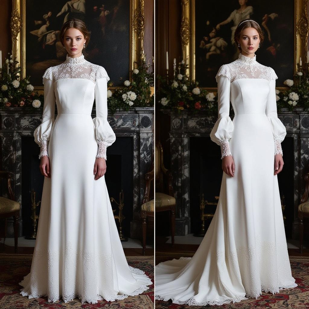 Lady Jane Grey inspired wedding dress
Old Money fashion: Lady Jane Grey inspired wedding dress. Pure white silk, simple delicate lace, high neck, long sleeves, tailored fit, refined pearls.