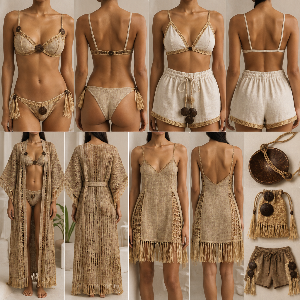 Create a sustainable fashion collection using jute,vakwa fiber raphia fiber coconut shell linen fabric
Lingerie
photorealistic fashion design, Create a sustainable fashion collection using jute,vakwa fiber raphia fiber coconut shell linen fabric
Lingerie
, lounge style, just the design no text, show front and back