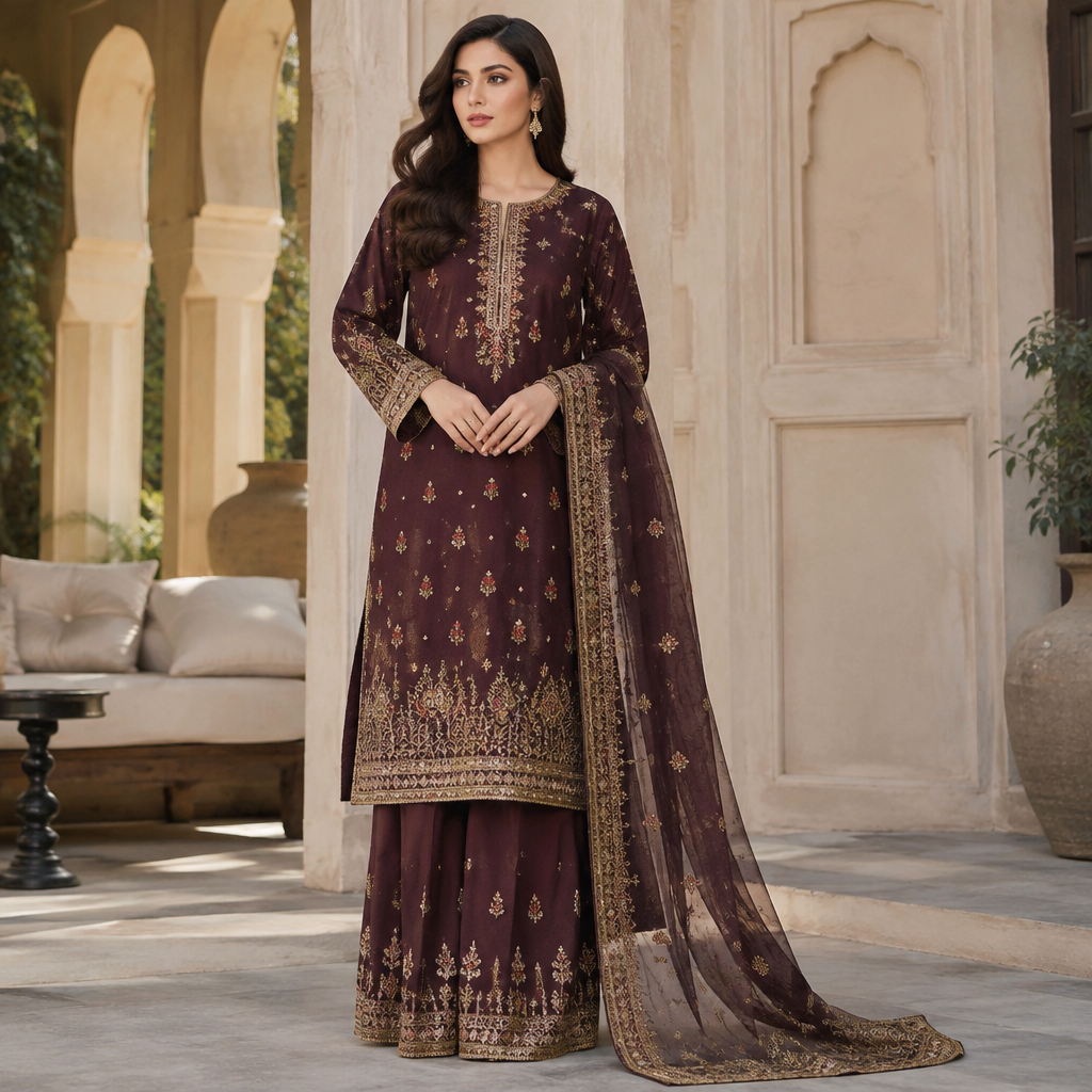 A Female fashion design. Consider Pakistani fashion — shalwar kameez, gharara, sharara; lawn fabrics, chiffon; intricate embroidery and mirror work. Current season is Autumn in Pakistan. Present it as professional fashion catalogue photography: the garment is the subject, shown full-length with editorial styling, neutral posing and tasteful, non-suggestive framing.
photorealistic fashion design, A Female fashion design. Consider Pakistani fashion — shalwar kameez, gharara, sharara; lawn fabrics, chiffon; intricate embroidery and mirror work. Current season is Autumn in Pakistan. Present it as professional fashion catalogue photography: the garment is the subject, shown full-length with editorial styling, neutral posing and tasteful, non-suggestive framing., just the design no text