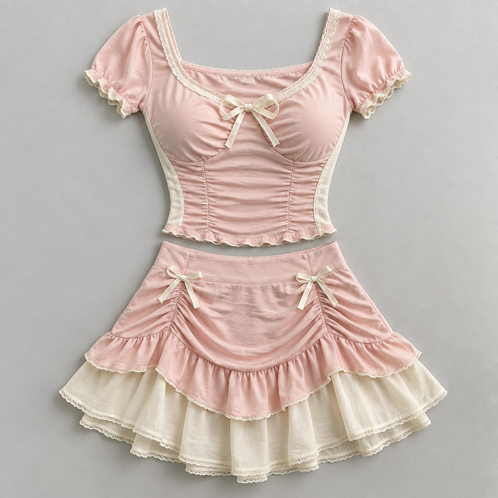 Create an original trendy women’s outfit called “Pretty Girl.”
Design a cute matching two-piece set with a fitted short-sleeve top and a high-waisted mini or above-the-knee skirt. Include delicate ruching, tiny bows, and subtle waist detailing.
Use a soft baby-pink and cream color palette with lightweight jersey or cotton fabric.
The outfit should feel youthful, feminine, playful, and effortlessly cute without looking childish. Perfect for lunch dates, shopping, casual outings, birthday gatherings, or hanging out with friends.
Modern 2026 young-woman fashion aesthetic, realistic proportions, wearable construction, clean styling, full-body fashion photograph, natural lighting, detailed fabric texture. No text, logos, or watermark.
photorealistic fashion design, Create an original trendy women’s outfit called “Pretty Girl.”
Design a cute matching two-piece set with a fitted short-sleeve top and a high-waisted mini or above-the-knee skirt. Include delicate ruching, tiny bows, and subtle waist detailing.
Use a soft baby-pink and cream color palette with lightweight jersey or cotton fabric.
The outfit should feel youthful, feminine, playful, and effortlessly cute without looking childish. Perfect for lunch dates, shopping, casual outings, birthday gatherings, or hanging out with friends.
Modern 2026 young-woman fashion aesthetic, realistic proportions, wearable construction, clean styling, full-body fashion photograph, natural lighting, detailed fabric texture. No text, logos, or watermark., just the design no text