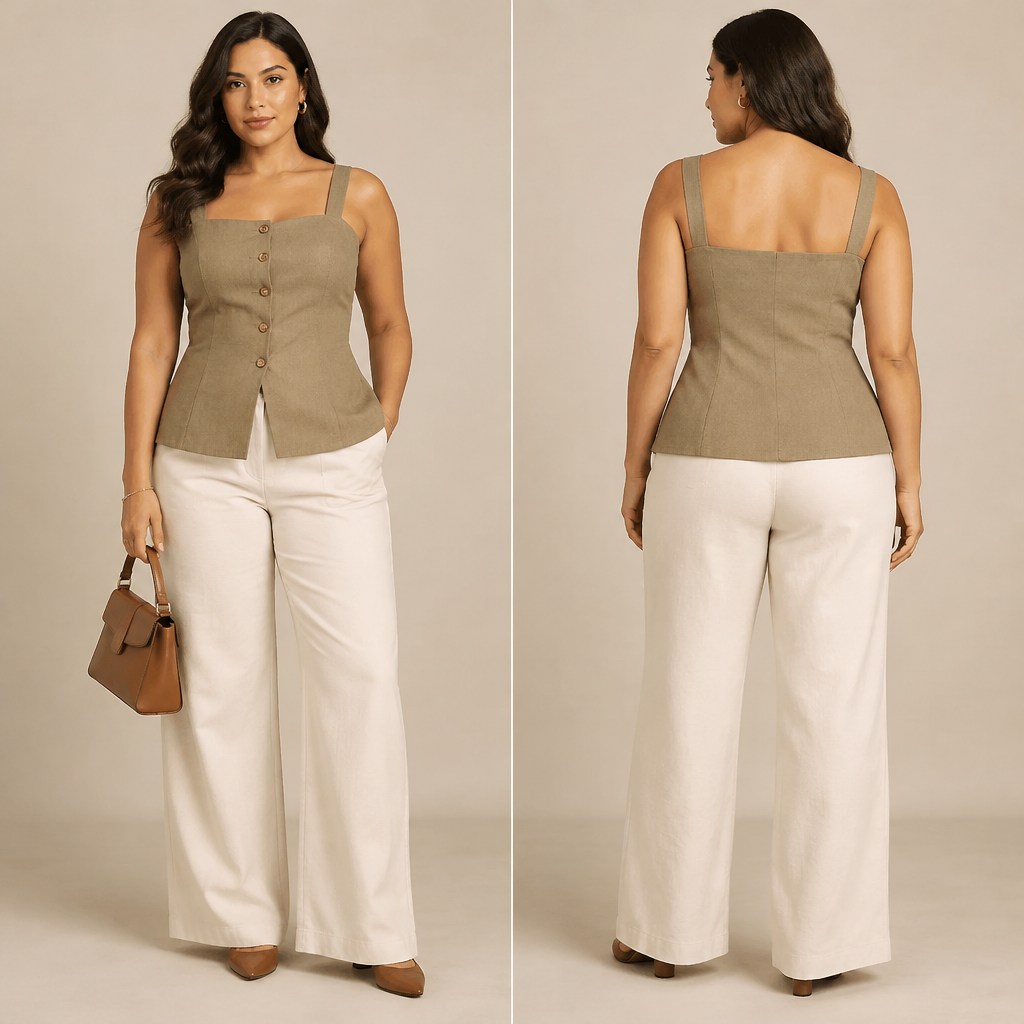 A Female Top design, with a sturdy, casual hand, with a Tailored silhouette, with a minimal-coverage cut, in an Earth Tones color palette, for Work, suitable for Summer, suited to a Dry & Arid climate, in Classic + Elegant style, shown on a model with medium skin tone and a curvy figure Present it as professional fashion catalogue photography: the garment is the subject, shown full-length with editorial styling, neutral posing and tasteful, non-suggestive framing.
photorealistic fashion design, A Female Top design, with a sturdy, casual hand, with a Tailored silhouette, with a minimal-coverage cut, in an Earth Tones color palette, for Work, suitable for Summer, suited to a Dry & Arid climate, in Classic + Elegant style, shown on a model with medium skin tone and a curvy figure Present it as professional fashion catalogue photography: the garment is the subject, shown full-length with editorial styling, neutral posing and tasteful, non-suggestive framing., classic style, just the design no text, show front and back