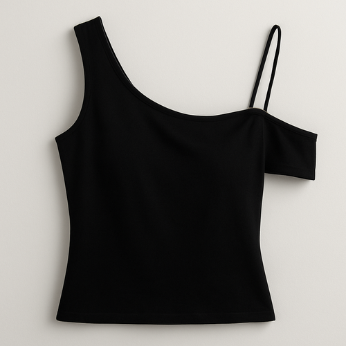 Can you make a black top that is sleeveless with One sleeve on shoulder
And Other sleeve Bardot with thin strap hanging loosely