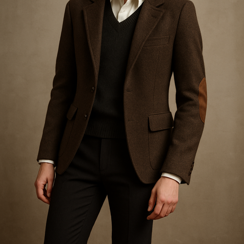 Intellectual tweed blazer with vintage elbow patches and oxford layering
