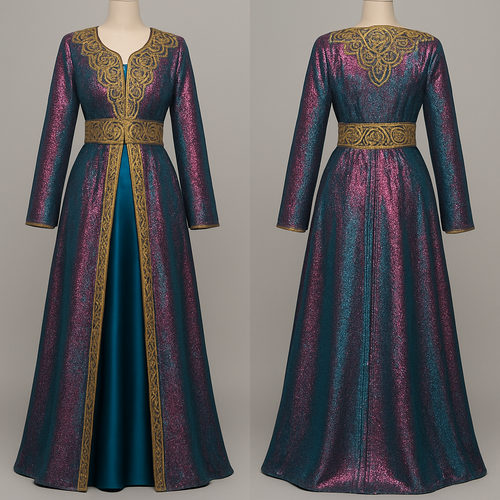 Create a takshita in petrol/pink lamé fabric that shimmers. Sfifa and zwaq maalam should be gold. Sleeves should be long. The under dress should be showing in petrol satin fabric. The zwaq maalam design should be fuller in de upper side (chest)