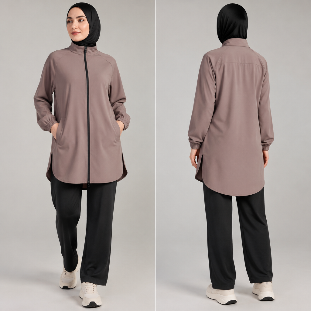 Make a modest active wear which have easy zip in front that we can open easily and wear easily and shirt have back side a liitelbit longer from front side and sides open cut and pockets and cuff lastec
photorealistic fashion design, Make a modest active wear which have easy zip in front that we can open easily and wear easily and shirt have back side a liitelbit longer from front side and sides open cut and pockets and cuff lastec , just the design no text, show front and back