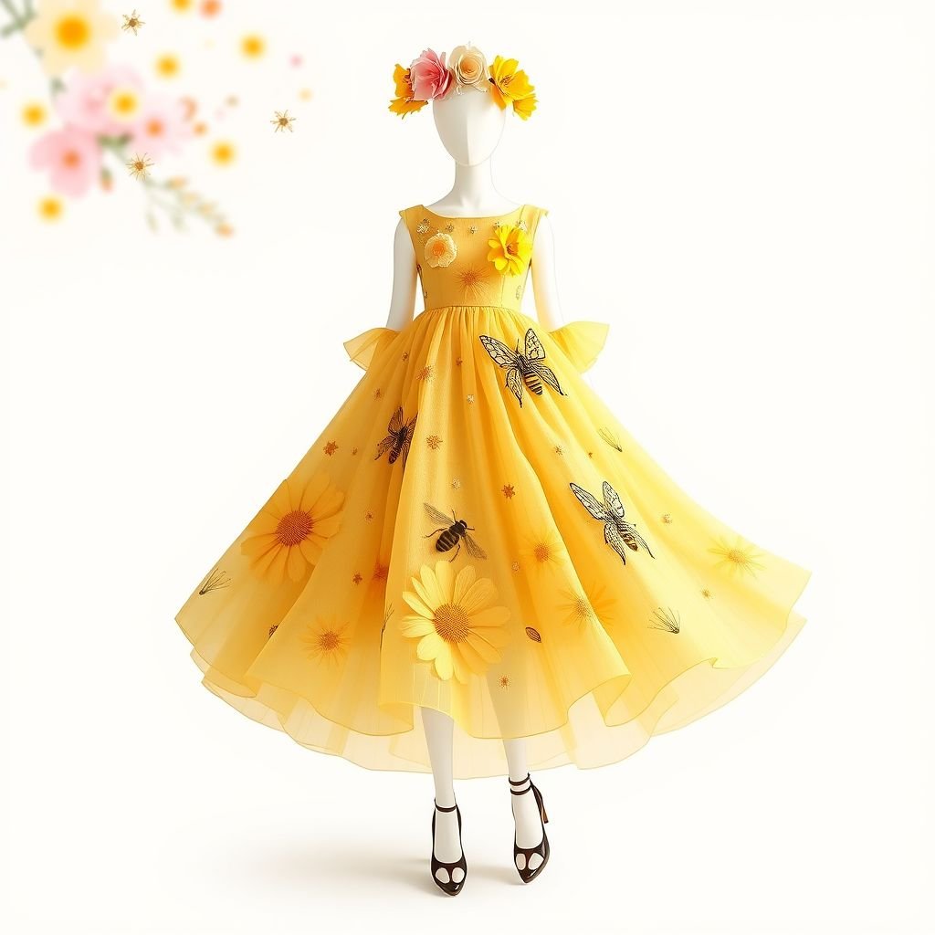 A honey bee & honey comb themed spring day dress.
Design a whimsical bloomcore-inspired spring day dress featuring a honey bee and honeycomb theme. The silhouette flows with a soft, layered skirt adorned with oversized floral motifs and delicate bee embroidery. Utilize warm gold and sunny yellow hues, integrating sheer fabrics that evoke a garden’s vibrancy, perfect for sunny picnics.