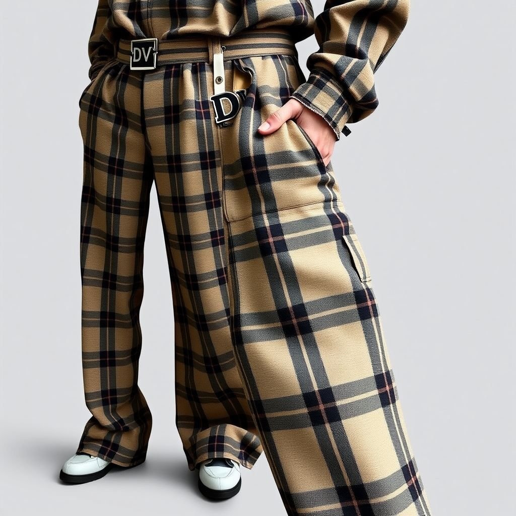 SUMWON Plaid Check Loose Fit Wide Leg Trousers Casual Street Style All-Season Pants With Side Pockets Classic Office Versatile Lightweight Loungewear Bottoms With “DV” on belt
Design a pair of oversized plaid check wide-leg trousers, inspired by urban streetwear aesthetics. Incorporate a bold “DV” logo woven into the adjustable belt. Feature deep side pockets for practicality, and use lightweight fabric for all-season wear. Combine a relaxed fit with edgy detailing, perfect for casual outings or office versatility.