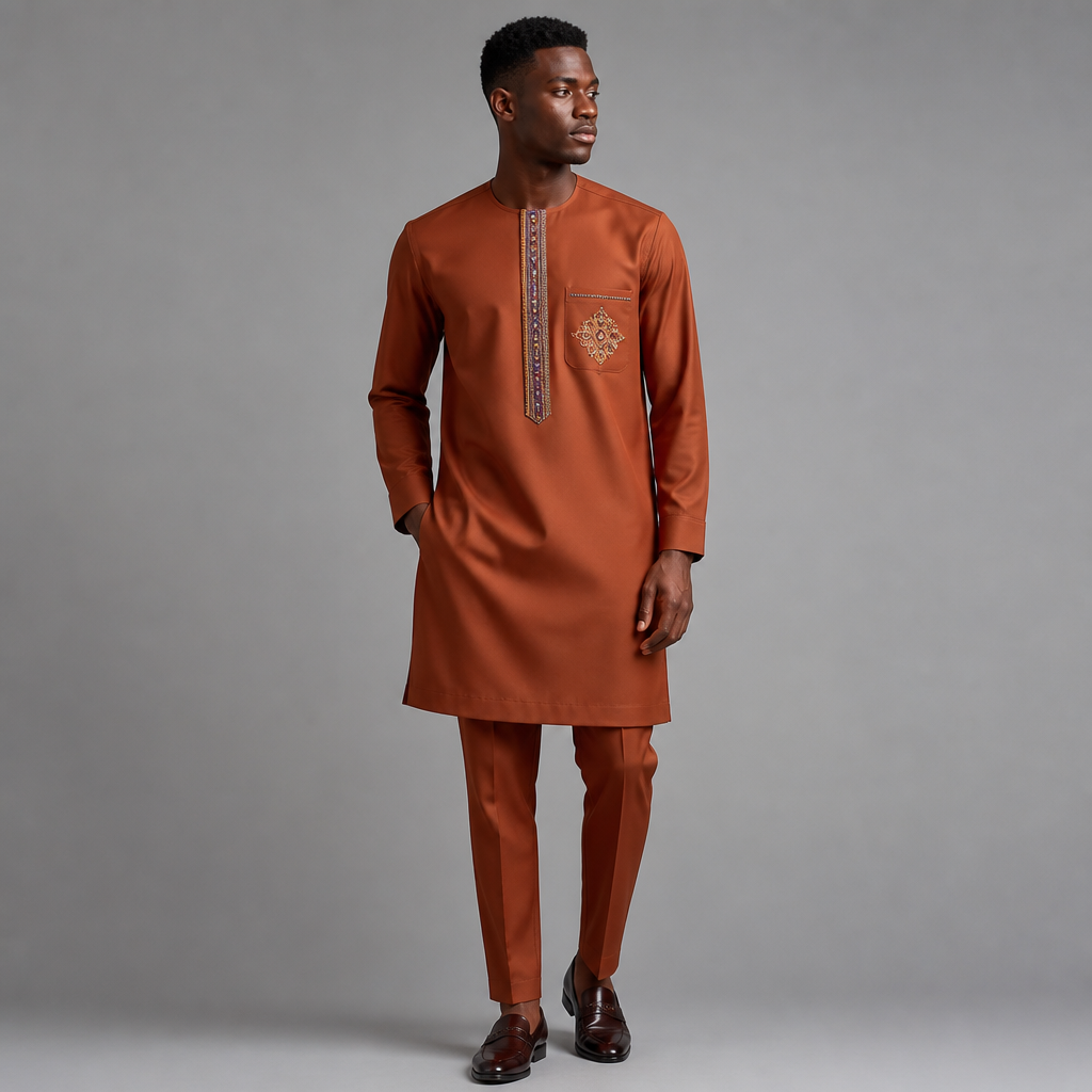 A Male Dress design, suitable for Fall, in Elegant style. Stylish traditional men's outfit, rust-colored tunic with matching trousers, modern tailored design, round neckline, front placket, multicolored vertical decorative strip on chest, embroidered pocket detail, plain light gray background, fashion catalog style."
use the face of that picture. MW fashion aesthetics.
photorealistic fashion design, A Male Dress design, suitable for Fall, in Elegant style. Stylish traditional men's outfit, rust-colored tunic with matching trousers, modern tailored design, round neckline, front placket, multicolored vertical decorative strip on chest, embroidered pocket detail, plain light gray background, fashion catalog style."
use the face of that picture. MW fashion aesthetics., elegant style, just the design no text
