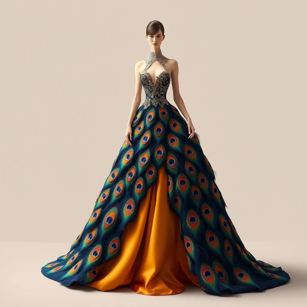 Draw a wonderful unusual dress with a colorful pattern of peacock feathers, a skirt with a tail, an evening dress, a flashy collar
Design an exquisite evening gown that radiates elegance, featuring an extraordinary silhouette adorned with a vibrant peacock feather pattern. The luxurious skirt cascades into a dramatic tail, while a striking, flashy collar frames the neckline, enhancing the overall opulence. Intricate embroidery and shimmering accents elevate this haute couture masterpiece.