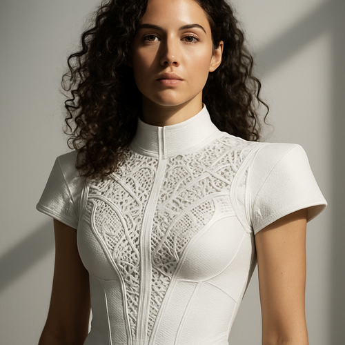 Futuristic white sports top with short structured sleeves and semi-high collar, crafted from thick sculpting fabric. Intricate lace armor pattern integrated across chest and shoulders — refined, elegant, powerful. Model: 32 years old, 170cm, 58kg, long curly hair. Bright neutral studio with directional shadows, ultra-realistic 8K, Lauren Secret couture strength aesthetic.