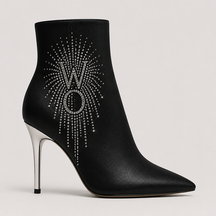 Make a fitted shoe boot with a 2 inch silver heel with he letters W and O with rhinestones on boot like the back of the coat
edit the attached fashion design with these instructions: Make a fitted shoe boot with a 2 inch silver heel with he letters W and O with rhinestones on boot like the back of the coat. keep it photorealistic, just the design no text