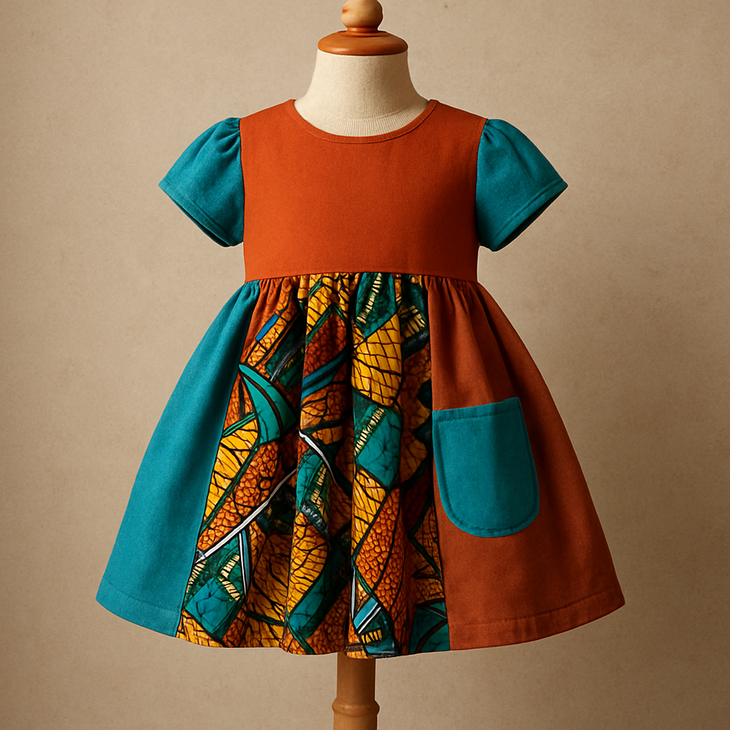 One of a kind Children’s dresses with good designs that look fabulous. Unique, and beautiful and made with beautiful plan colors and Ankara patches on it, showing on a mannequin.
One of a kind Children’s dresses with good designs that look fabulous. Unique, and beautiful and made with beautiful plan colors and Ankara patches on it, showing on a mannequin. , streetwear style