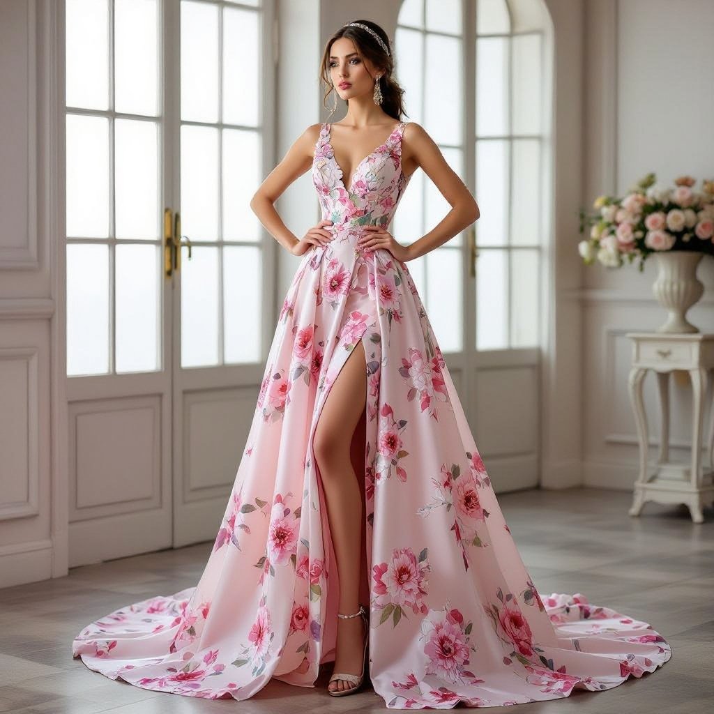 Pale Pink evening gown long train with sparkles
Floral fashion: Pale pink floral evening gown, long train, sequin embroidery, cotton.