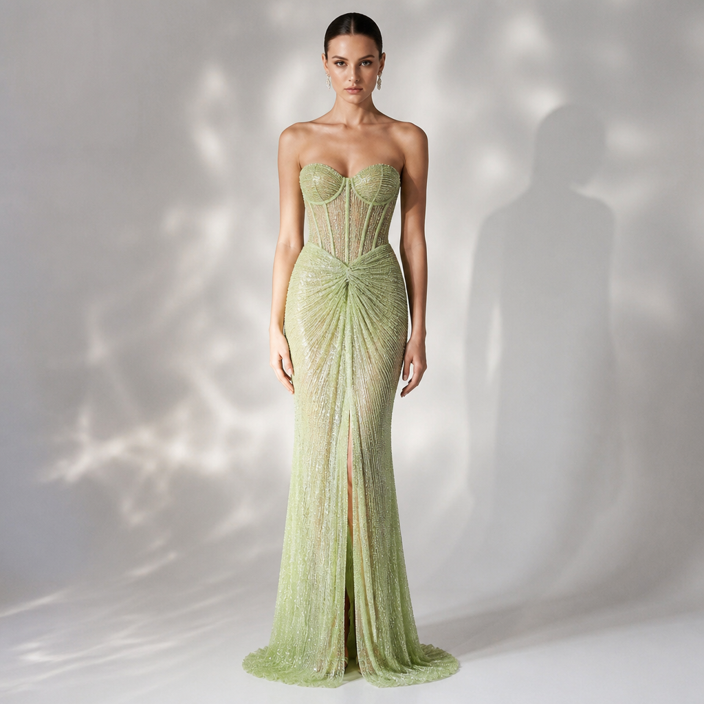 A Female Dress design. green light corset sparkling dress. United Kingdom fashion aesthetics. Present it as professional fashion catalogue photography: the garment is the subject, shown full-length with editorial styling, neutral posing and tasteful, non-suggestive framing.
photorealistic fashion design, A Female Dress design. green light corset sparkling dress. United Kingdom fashion aesthetics. Present it as professional fashion catalogue photography: the garment is the subject, shown full-length with editorial styling, neutral posing and tasteful, non-suggestive framing., just the design no text
