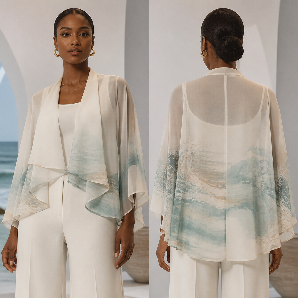 A Female Jacket design, made of Chiffon, for Formal, suitable for Spring, in Coastal Grandmother + Elegant + Business style. Nigeria fashion aesthetics.
photorealistic fashion design, A Female Jacket design, made of Chiffon, for Formal, suitable for Spring, in Coastal Grandmother + Elegant + Business style. Nigeria fashion aesthetics., coastal_grandmother style, just the design no text, show front and back