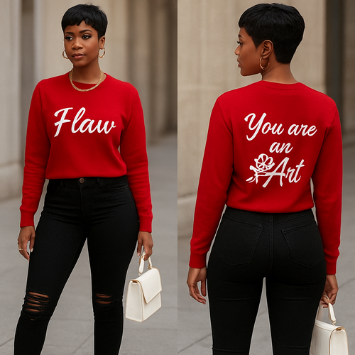 Black woman 
Pixie cut 
Red Long sleeve sweater shirt on the front it says Flaw in white in cursive and on the back it says in white You are an Art  🌹
Tight black ripped jeans 
White boot heels 
Gold jewelry 
White purse 
