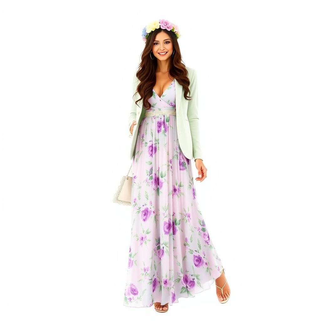 Easter Brunch It's the Easter long weekend and your friends have decided to organise an Easter themed brunch to celebrate. Wear a Spring inspired outfit to the restaurant and get ready to eat, drink and dance from morning into the afternoon!
Design a vibrant, ethereal spring outfit for an Easter brunch, featuring a flowy, floral maxi dress with pastel hues of lavender and mint. Accentuate with a lightweight, tailored cardigan adorned with delicate lace details. Incorporate whimsical accessories like a flower crown and elegant strappy sandals, embodying the joyous spirit of spring celebrations.