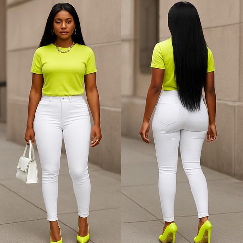 Black woman 
Lime shirt 
Tight white jeans 
Lime heels 
Gold necklace 
And earrings 
Gold rings on fingers 
Long weave pass the butt 
White purse 