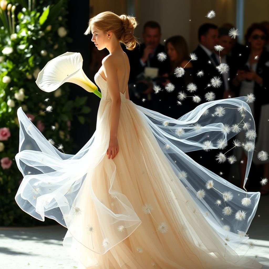 Gown for The Met Gala Bodice to be structured, stiff and rigid fabric cut to resemble a Calla Lily, the skirts to be flowing and sheer with dandelions that dissipate as the model walks by
Design a breathtaking Met Gala gown featuring a structured bodice crafted from shimmering silk organza, elegantly sculpted to mimic a blooming Calla Lily. The flowing, sheer skirts cascade like a waterfall, adorned with delicate embroidered dandelions that flutter and dissolve in the air as the model glides, creating an enchanting aura of glamour.