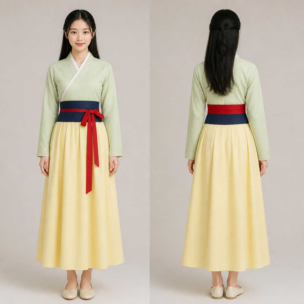 A Chinese 16 year old teenage girl with black long hair with light yellow skirt and a light green shirt with a bright red sash and a navy blue waistband and it is School appropriate
photorealistic fashion design, A Chinese 16 year old teenage girl with black long hair with light yellow skirt and a light green shirt with a bright red sash and a navy blue waistband and it is School appropriate , asian style, just the design no text, show front and back