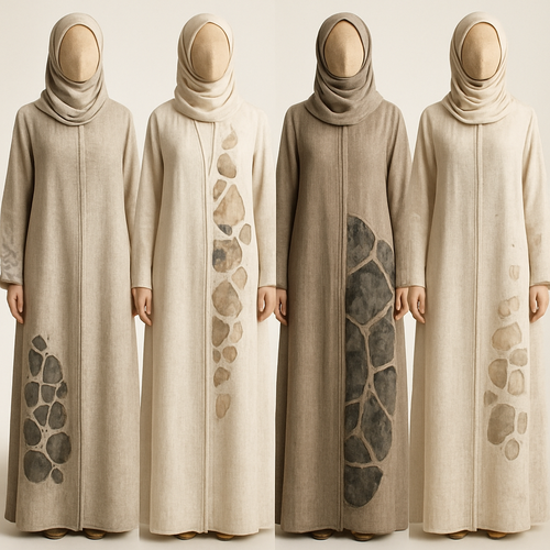 Create a modest two-piece linen abaya, the first of its kind, featuring a unique stone design that exudes a classy and sophisticated vibe. I’d like four designs, each showcasing different styles and fabrics. Incorporate high-end, unique chic stone designs to make them truly special. Add little sophisticated stone designs.