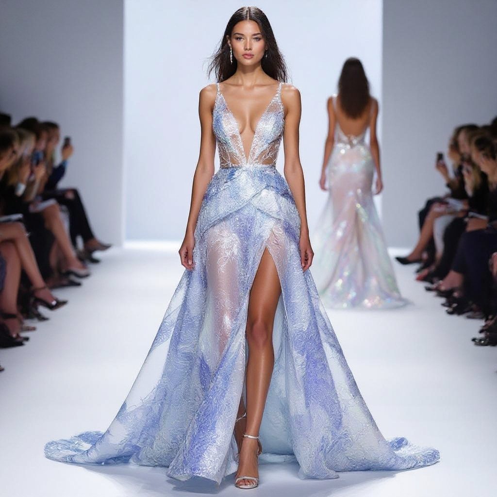 "A daring haute couture evening gown inspired by multicolored turquoise sea shells, designed to be ultra-sexy and revealing. The bodice features a plunging neckline that accentuates cleavage, sculpted with iridescent crystal-encrusted shell patterns in shades of turquoise, aquamarine, emerald, and hints of coral pink. Sheer illusion fabric creates a barely-there effect, with gemstone detailing strategically placed for elegance and allure. The gown flows into a high-slit skirt with translucent chiffon and organza panels that shimmer like ocean waves, revealing long, sculpted legs beneath. A dramatic see-through train, embroidered with pearl and crystal motifs, completes the look—sensual, glamorous, and mesmerizing, like a seductive goddess of the sea.
A daring silk haute couture evening gown with a plunging neckline and high-slit, flowing A-line skirt. The bodice features iridescent crystal-encrusted shell patterns. Sheer illusion panels and translucent chiffon and organza complete the look with an embroidered train.