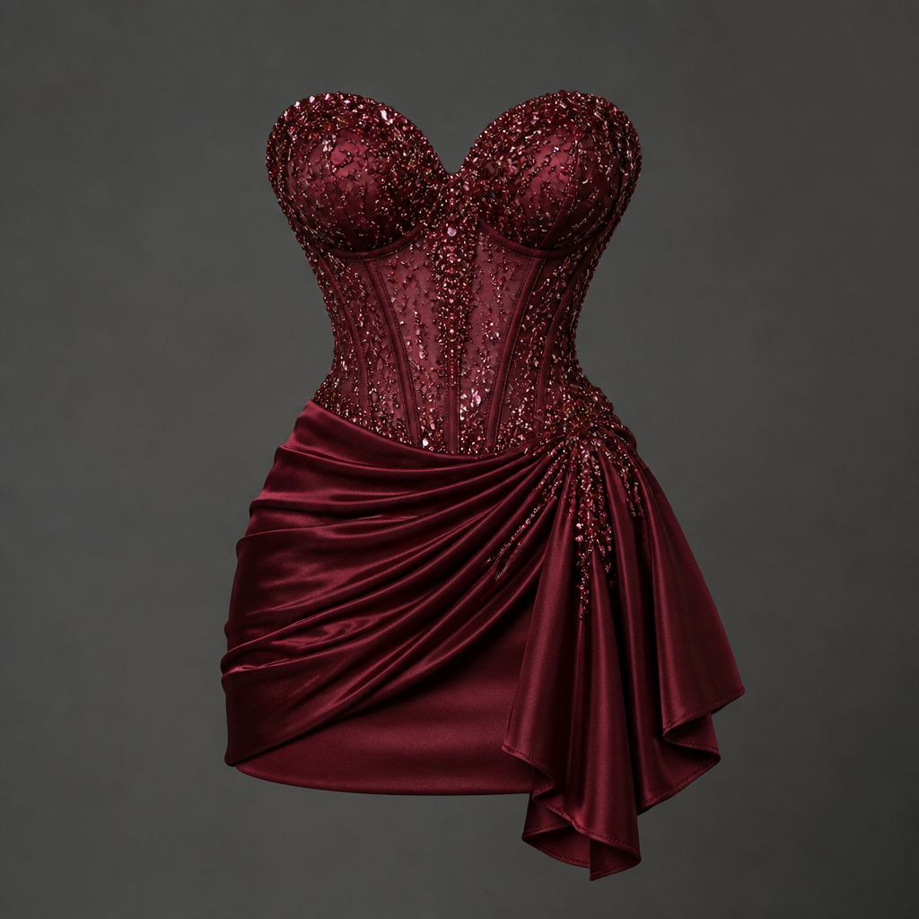 A luxurious burgundy mini dress featuring a fitted corset bodice, shimmering crystal embellishments, and an asymmetrical draped skirt. Designed to enhance the silhouette while maintaining elegance and sophistication.
photorealistic fashion design, A luxurious burgundy mini dress featuring a fitted corset bodice, shimmering crystal embellishments, and an asymmetrical draped skirt. Designed to enhance the silhouette while maintaining elegance and sophistication., just the design no text