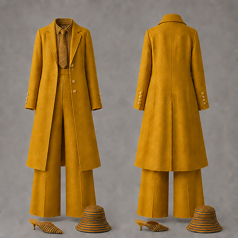 Remove the white shirt and add the Matching the shirt with a matching tie all matching the shoes and hat
edit the attached fashion design with these instructions: Remove the white shirt and add the Matching the shirt with a matching tie all matching the shoes and hat. keep it photorealistic, just the design no text