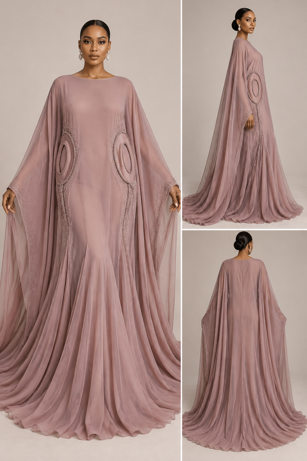 Create a high-fashion, elegant full-length bubu gown made from lightweight, fluid mesh fabric with an inner lining underneath.
The silhouette should be loose and graceful through the upper body, with a dramatic flowing effect toward the bottom. The sleeves and main gown body must be cut as one continuous piece, creating a wide, sculptural sleeve that extends downward into a long flowing tail. The tail should reach approximately the same length as the gown and move beautifully with the wearer.
On both side-body areas of the gown, incorporate a distinctive O-shaped / zero-shaped design detail. IMPORTANT: this is NOT a cut-out, slit, or exposed opening. The O-shaped detail must remain fully covered with fabric or lining underneath, so no skin is visible through the design. It should appear as a structural or decorative O-shaped element integrated into the side of the garment.
The lower part of the gown should gradually become fuller, creating a soft, dramatic mermaid-inspired flowing effect without making the gown fitted around the hips. The transition from the upper bubu silhouette to the fuller hem should be smooth and elegant.
Use luxurious, lightweight mesh with beautiful drape and movement. The overall aesthetic should be sophisticated, architectural, feminine, dramatic and editorial — suitable for a premium fashion brand.
Show the complete garment on a fashion model in a clean studio setting, with the front view clearly showing the overall silhouette and the side details. Also show a back and side view so the integrated sleeve, long tail and O-shaped side construction are clearly visible.
Do NOT create exposed side cut-outs, bare skin, side slits, traditional mermaid fitting, or separate attached sleeves.
Create a high-fashion, elegant full-length bubu gown made from lightweight, fluid mesh fabric with an inner lining underneath.
The silhouette should be loose and graceful through the upper body, with a dramatic flowing effect toward the bottom. The sleeves and main gown body must be cut as one continuous piece, creating a wide, sculptural sleeve that extends downward into a long flowing tail. The tail should reach approximately the same length as the gown and move beautifully with the wearer.
On both side-body areas of the gown, incorporate a distinctive O-shaped / zero-shaped design detail. IMPORTANT: this is NOT a cut-out, slit, or exposed opening. The O-shaped detail must remain fully covered with fabric or lining underneath, so no skin is visible through the design. It should appear as a structural or decorative O-shaped element integrated into the side of the garment.
The lower part of the gown should gradually become fuller, creating a soft, dramatic mermaid-inspired flowing effect without making the gown fitted around the hips. The transition from the upper bubu silhouette to the fuller hem should be smooth and elegant.
Use luxurious, lightweight mesh with beautiful drape and movement. The overall aesthetic should be sophisticated, architectural, feminine, dramatic and editorial — suitable for a premium fashion brand.
Show the complete garment on a fashion model in a clean studio setting, with the front view clearly showing the overall silhouette and the side details. Also show a back and side view so the integrated sleeve, long tail and O-shaped side construction are clearly visible.
Do NOT create exposed side cut-outs, bare skin, side slits, traditional mermaid fitting, or separate attached sleeves., romantic style