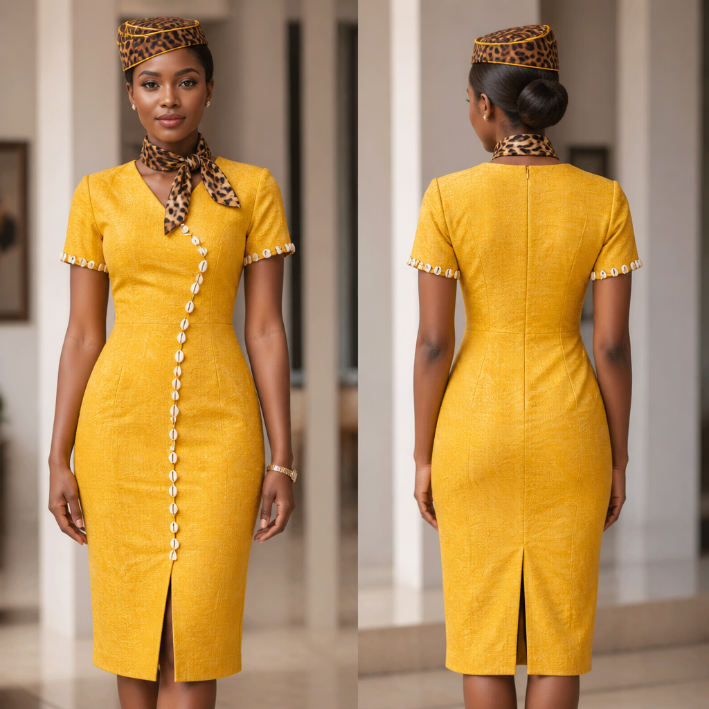 Robe hôtesse tissue jaune or avec cauris Et un chapeau style hôtesse e l’air motif panthere noir marron et un petit foulard motif panthere au cou
photorealistic fashion design, Robe hôtesse tissue jaune or avec cauris Et un chapeau style hôtesse e l’air motif panthere noir marron et un petit foulard motif panthere au cou, business style, just the design no text, show front and back