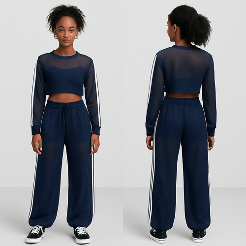 See through mesh cropped top in navy with 2 white stripes on both sides of the sleeves.
See through mesh wide leg jogger in navy with 2 white stripes on both sides.