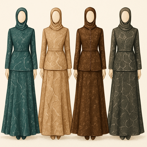 Create me modest two piece that's first in the world, using unique stone design, classy and sophisticated. Keep me 4 designs. Make them rich by adding minimal stone embroidery and stones designs. Showcasing different styles and fabric.