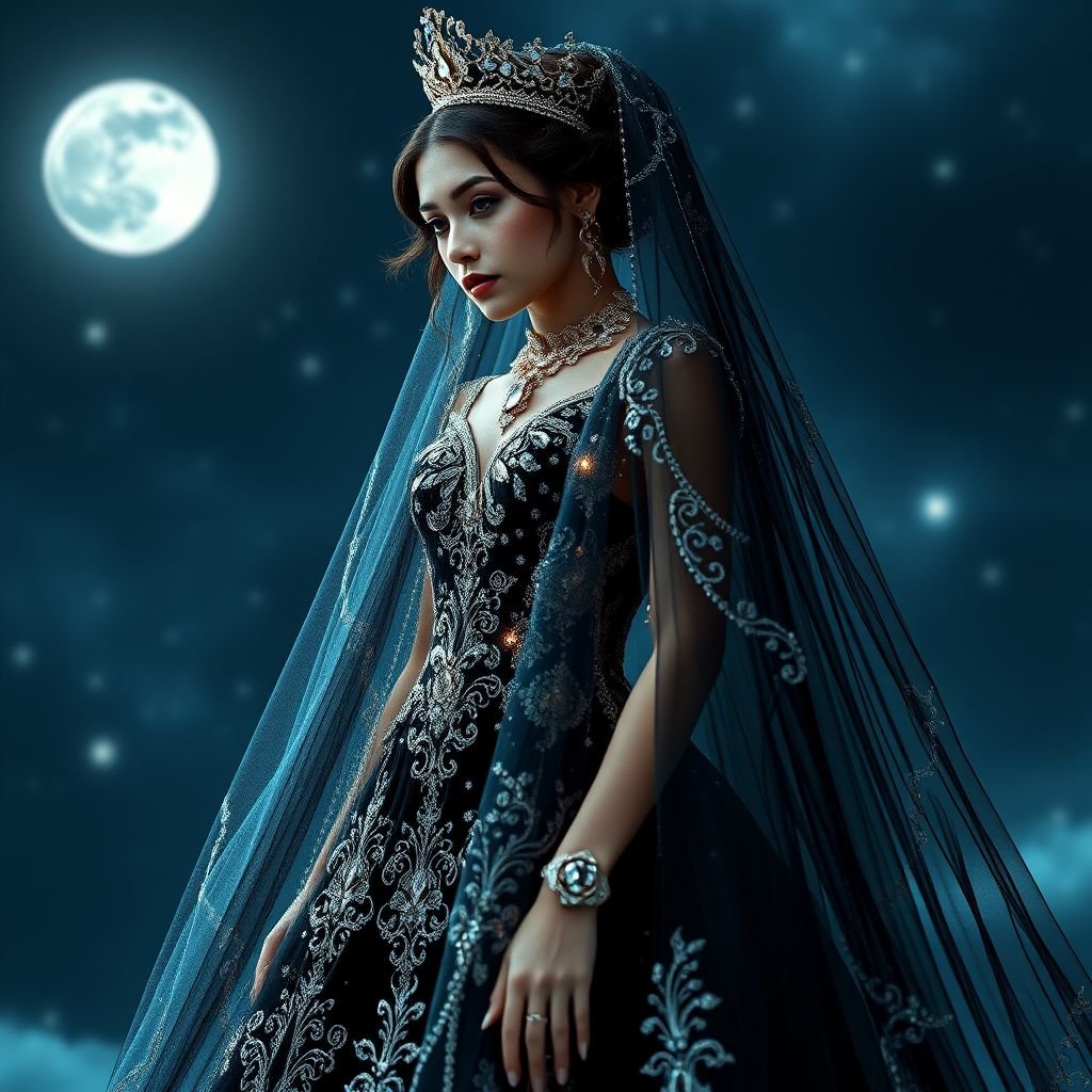 Sexy Fantasy moonlight inspired royal gown, black, accessories, intricate details, and veil, under moonlit night
Design a stunning haute couture gown inspired by a sexy fantasy under the moonlight. This regal black gown features cascading layers of luminous, sheer fabrics, adorned with intricate silver embroidery and gemstones. Pair it with ornate accessories and a dramatic veil, capturing the enchanting essence of a royal night beneath the stars.