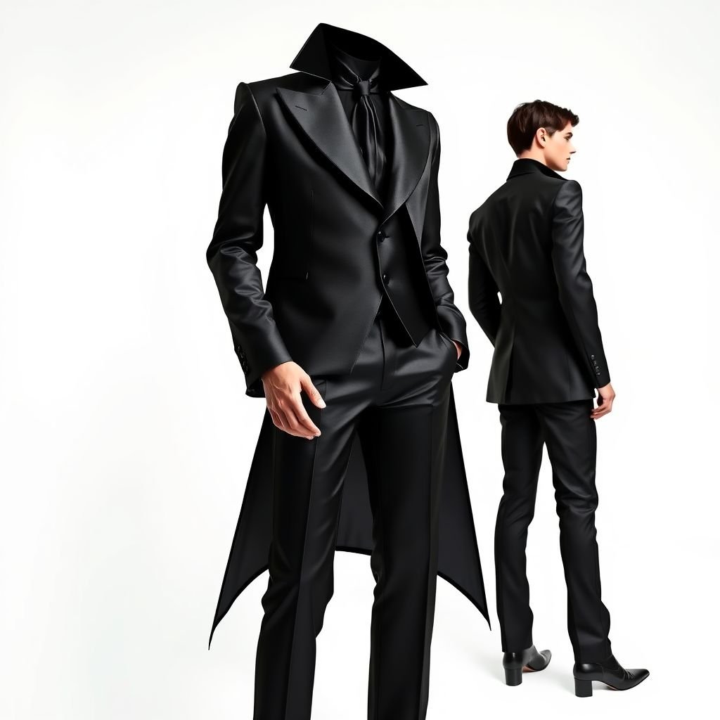 Black Modern prince suit with wite background
Design an avant-garde black modern prince suit, featuring tailored sharp lines and asymmetrical layering. Incorporate luxurious satin textures with metallic accents for a striking effect. The jacket should have exaggerated lapels and a high collar, paired with tapered trousers. Style it against a crisp white background to enhance its elegance and sophistication.