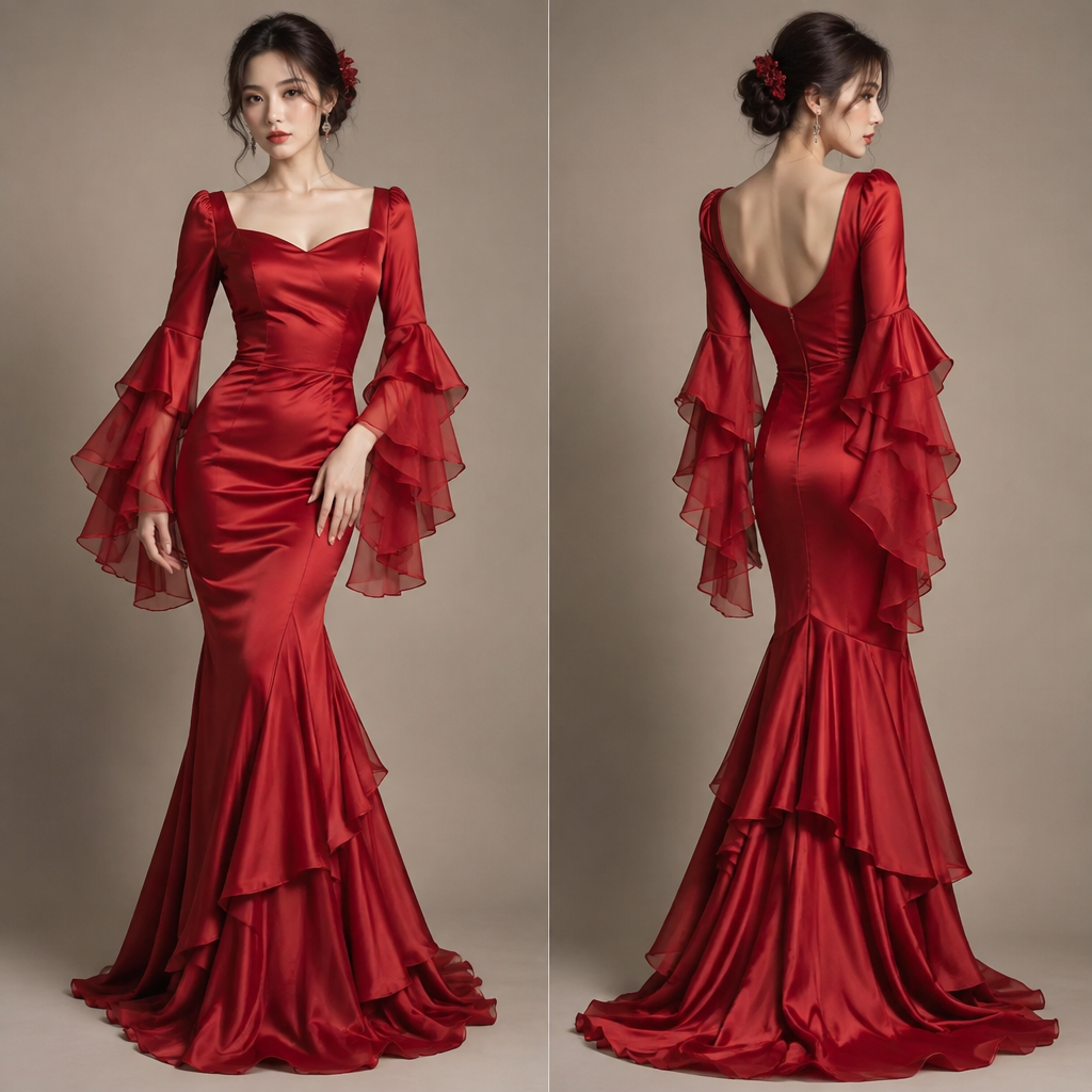 A Female Dress design, made of Satin, with a light, flowing drape, with a Bodycon silhouette, styled in layers, in a Bold & Bright color palette, suitable for Fall, suited to a Temperate climate, in Asian style, shown on a model with fair skin and a petite figure. пльте-рыбка,с волаными и длиными руковами. Russia fashion aesthetics. Present it as professional fashion catalogue photography: the garment is the subject, shown full-length with editorial styling, neutral posing and tasteful, non-suggestive framing.
photorealistic fashion design, A Female Dress design, made of Satin, with a light, flowing drape, with a Bodycon silhouette, styled in layers, in a Bold & Bright color palette, suitable for Fall, suited to a Temperate climate, in Asian style, shown on a model with fair skin and a petite figure. пльте-рыбка,с волаными и длиными руковами. Russia fashion aesthetics. Present it as professional fashion catalogue photography: the garment is the subject, shown full-length with editorial styling, neutral posing and tasteful, non-suggestive framing., asian style, just the design no text