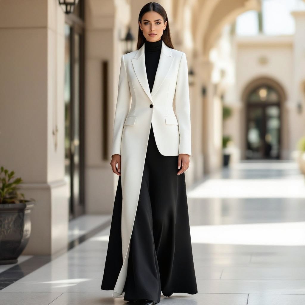 Haute Couture A-Line Abaya Design (Minimalist Edition) • Cut: • Full-length A-Line، تنسدل بانسيابية فخمة من الكتف إلى الأرض. • القصّة نظيفة جدًا (Clean Cut) مع خطوط حادة لإبراز الطابع الراقي. • Fabric: • Mikado Silk أو Heavy Double Crepe — خامة فاخرة ذات وزن وملمس ناعم يحافظ على شكل العباية. • الألوان الأنسب: أسود سواد حالك (Jet Black) للهوت كوتور المسائي، أو أوف وايت / عاجي لمناسبات النهار والفخامة الكلاسيكية. • Collar / Neckline: • ياقة بليزر مستقيمة ورفيعة (Straight Slim Blazer Lapel). • أو تصميم Minimalist High Collar صغيرة لإحساس ملكي. • Sleeves: • مستقيمة مع قصّة حادة عند الرسغ (Structured Cuff). • خيار إضافي: أكمام واسعة قليلًا لتعطي حركة درامية (Haute Couture Flair). • Details: • بدون تطريز أو نقوش، التركيز كله على القصة + القماش. • يمكن إضافة شق أمامي بسيط أو شق جانبي طويل ليمنح حركة درامية أنيقة عند المشي. • زر واحد مغطى بالقماش أو إغلاق داخلي مخفي للحفاظ على مظهر راقي ومرتب. • Back Design: • سادة بالكامل مع فتحة خلفية (slit) صغيرة لتأكيد الطابع البليزر الكلاسيكي وتسهيل الحركة. ⸻ ✨ النتيجة: عباية A-Line بطابع Haute Couture أنيق جدًا، خالية من النقوش، تعتمد على فخامة القماش + دقة القصّة، لتمنح حضور قوي، ملكي، وراقي — مثالية للسهرات الراقية أو المناسبات الرسمية الحصرية.
Business fashion: Full-length A-line abaya, clean cut, straight blazer lapel or small high collar. Made from Mikado silk or heavy crepe in black or off-white. Straight sleeves with structured cuffs. Minimal design, no embroidery. Optional front or side slit, single covered button or hidden closure. Plain back with small slit.