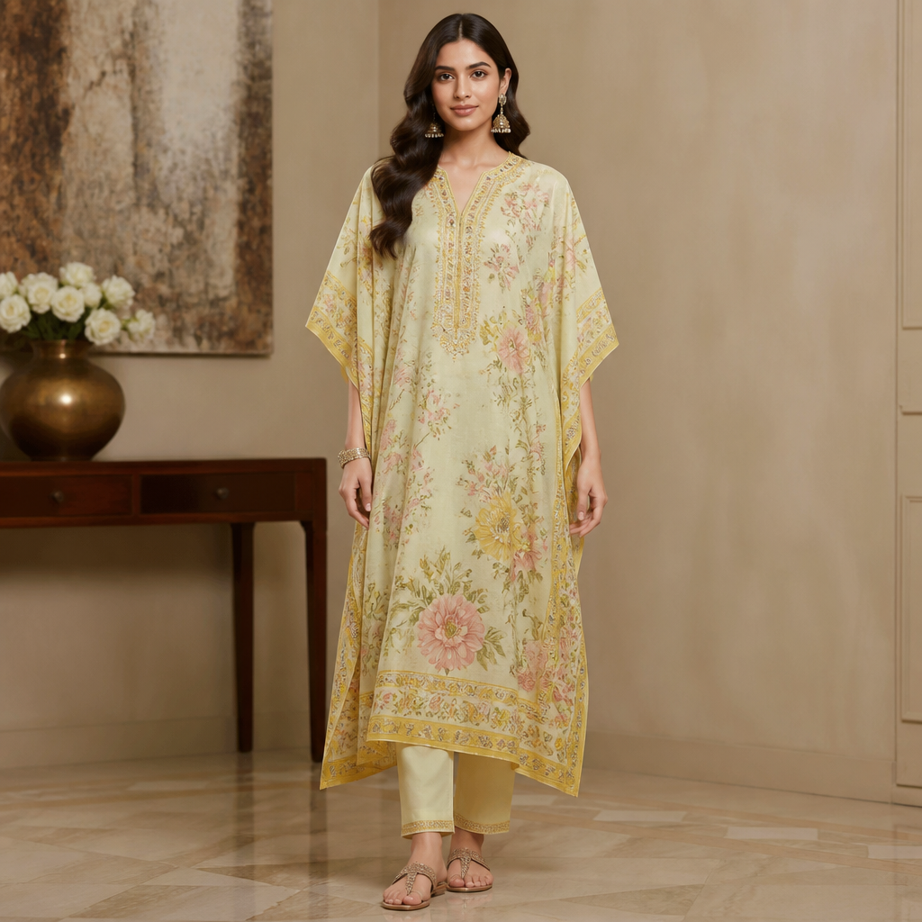 A Female Salwar Kameez design, suitable for Summer, in Classic style. converth this churidar in to an kaftan kurti model. India fashion aesthetics. Present it as professional fashion catalogue photography: the garment is the subject, shown full-length with editorial styling, neutral posing and tasteful, non-suggestive framing.
photorealistic fashion design, A Female Salwar Kameez design, suitable for Summer, in Classic style. converth this churidar in to an kaftan kurti model. India fashion aesthetics. Present it as professional fashion catalogue photography: the garment is the subject, shown full-length with editorial styling, neutral posing and tasteful, non-suggestive framing., classic style, just the design no text