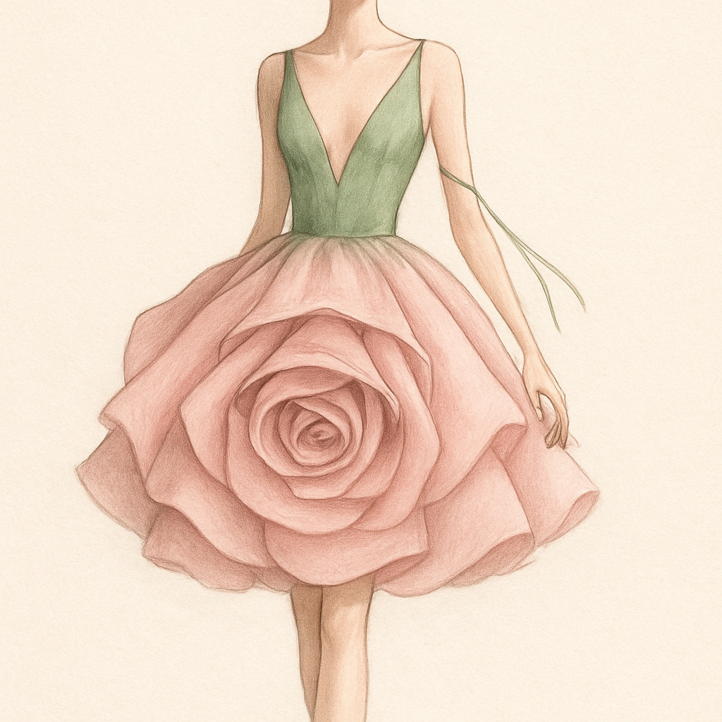 Crea un abito volominoso che abbia la gonna fatta come una rosa rovesciata e il sopra scollato a V con un piccolo filo che vada a legarsi al polso colori:cipria-rosa chiaro per la gonna, verde salvia verso la vita e il sopra un mix
Crea un abito volominoso che abbia la gonna fatta come una rosa rovesciata e il sopra scollato a V con un piccolo filo che vada a legarsi al polso colori:cipria-rosa chiaro per la gonna, verde salvia verso la vita e il sopra un mix , feminincore style