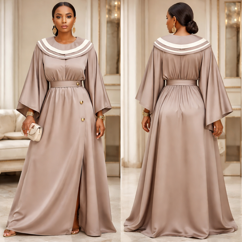 A bubu gown with double collar and inner belt also has press on button immediately below of side of the inner belt and about 10 inches below that same side of the inner belt
A bubu gown with double collar and inner belt also has press on button immediately below of side of the inner belt and about 10 inches below that same side of the inner belt
, show front and back