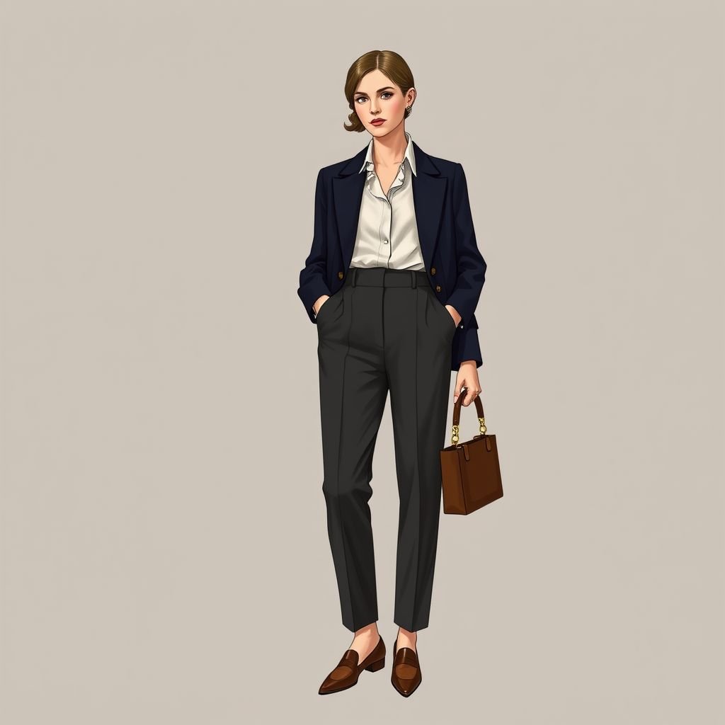 Classic
Envision a timeless classic fashion design, featuring a tailored double-breasted blazer in rich navy wool, paired with a crisp white silk blouse. The ensemble is completed with high-waisted, straight-leg trousers and elegant leather loafers. Adorned with vintage gold accessories, this look embodies sophistication and understated elegance for any occasion.