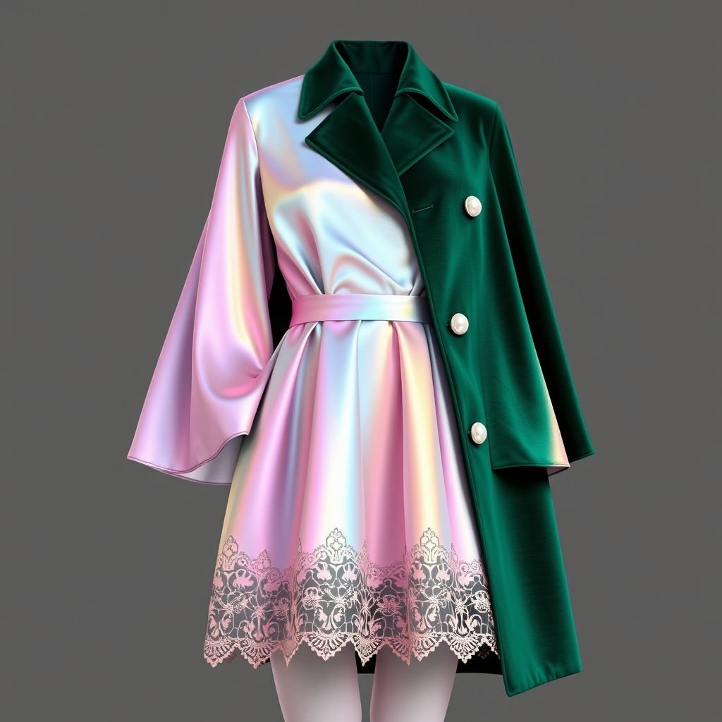 Short frock with long over coat
Design a chic short frock crafted from iridescent silk, featuring a playful A-line silhouette with intricate lace detailing at the hem. Layered over it, a dramatic long overcoat in deep emerald velvet, adorned with oversized pearl buttons and flowing cape sleeves. The ensemble embodies modern elegance, perfect for an evening soirée.