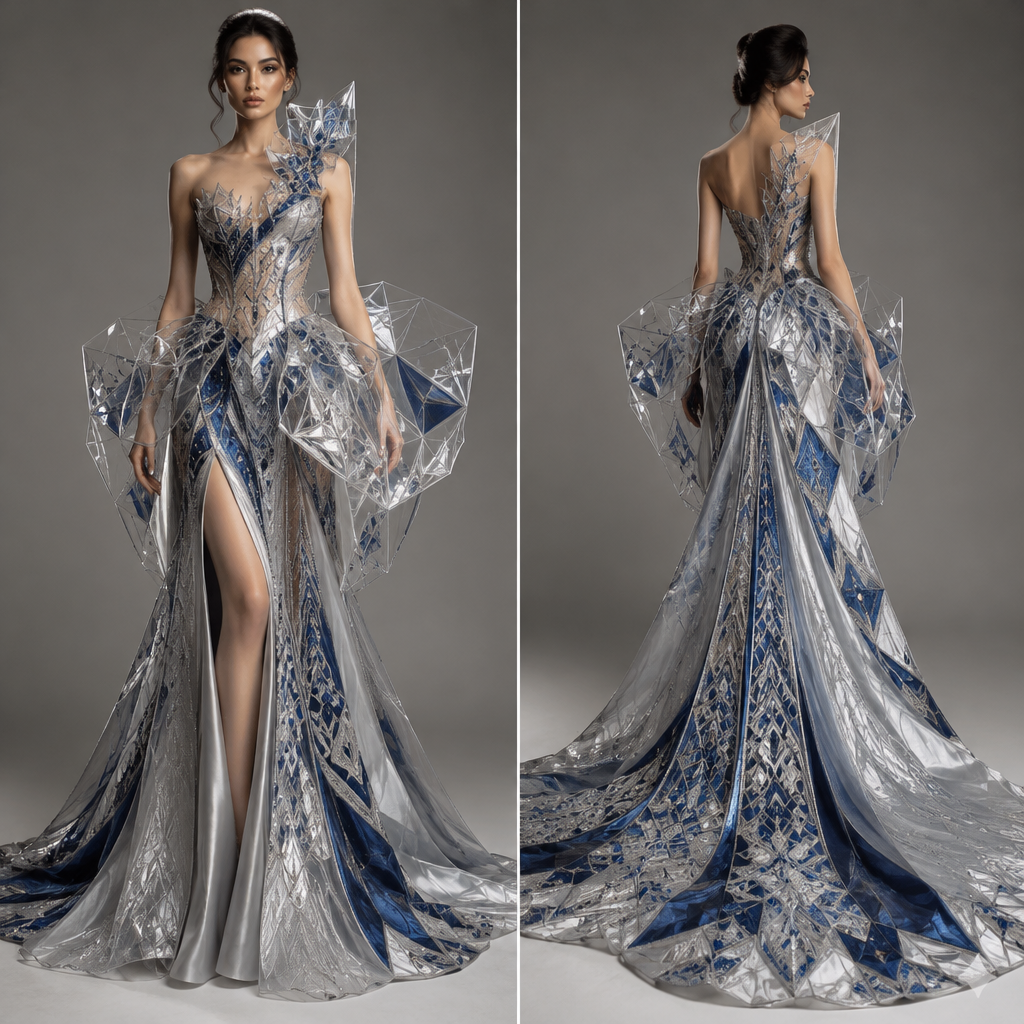 Create an extraordinary sculptural haute couture dress inspired by a futuristic living crystal. No ordinary ball gown, no traditional floral decorations, no shoulder rings. Build an innovative silhouette from translucent architectural crystal-like fabric panels, floating geometric structures around the hips, a dramatic asymmetrical train, and flowing liquid-silver textile woven with deep sapphire-blue accents. Integrate intricate Afghan geometric artistry in an unexpected modern way. The garment should look like wearable sculpture, elegant, sophisticated, technically imaginative, and suitable for a world-class fashion runway. Full-length front and back views, realistic materials and craftsmanship.. AF fashion aesthetics. Present it as professional fashion catalogue photography: the garment is the subject, shown full-length with editorial styling, neutral posing and tasteful, non-suggestive framing.
photorealistic fashion design, Create an extraordinary sculptural haute couture dress inspired by a futuristic living crystal. No ordinary ball gown, no traditional floral decorations, no shoulder rings. Build an innovative silhouette from translucent architectural crystal-like fabric panels, floating geometric structures around the hips, a dramatic asymmetrical train, and flowing liquid-silver textile woven with deep sapphire-blue accents. Integrate intricate Afghan geometric artistry in an unexpected modern way. The garment should look like wearable sculpture, elegant, sophisticated, technically imaginative, and suitable for a world-class fashion runway. Full-length front and back views, realistic materials and craftsmanship.. AF fashion aesthetics. Present it as professional fashion catalogue photography: the garment is the subject, shown full-length with editorial styling, neutral posing and tasteful, non-suggestive framing., just the design no text