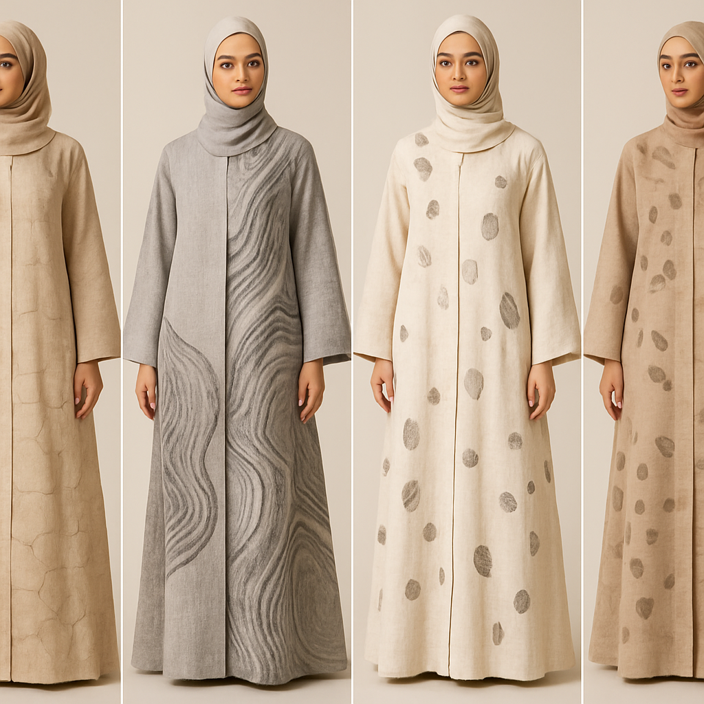 Create a modest two-piece linen abaya, the first of its kind, featuring a unique stone design that exudes a classy and sophisticated vibe. I’d like four designs, each showcasing different styles and fabrics. Incorporate high-end, unique chic stone designs to make them truly special. Add little sophisticated stone designs.

Create a modest two-piece linen abaya, the first of its kind, featuring a unique stone design that exudes a classy and sophisticated vibe. I’d like four designs, each showcasing different styles and fabrics. Incorporate high-end, unique chic stone designs to make them truly special. Add little sophisticated stone designs.