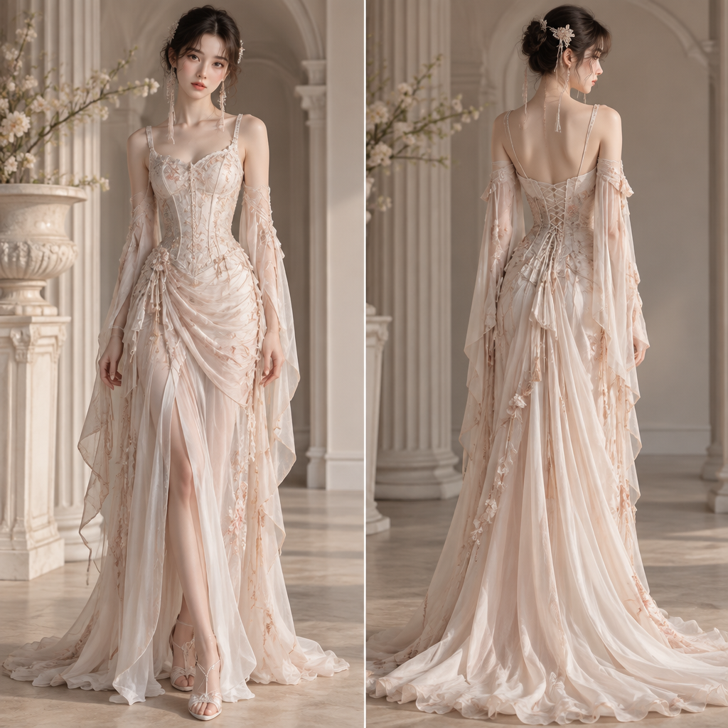 A Female Dress design, with a light, flowing drape, with a Bodycon silhouette, styled in layers, suitable for Spring, suited to a Humid climate, in Elegant + Pastel + Lace style, shown on a model with fair skin and a petite figure. должен присутствовать вайб древней греции+дреанего китая , так же добавь корсетную основу. Russia fashion aesthetics. Present it as professional fashion catalogue photography: the garment is the subject, shown full-length with editorial styling, neutral posing and tasteful, non-suggestive framing.
photorealistic fashion design, A Female Dress design, with a light, flowing drape, with a Bodycon silhouette, styled in layers, suitable for Spring, suited to a Humid climate, in Elegant + Pastel + Lace style, shown on a model with fair skin and a petite figure. должен присутствовать вайб древней греции+дреанего китая , так же добавь корсетную основу. Russia fashion aesthetics. Present it as professional fashion catalogue photography: the garment is the subject, shown full-length with editorial styling, neutral posing and tasteful, non-suggestive framing., elegant style, just the design no text, show front and back