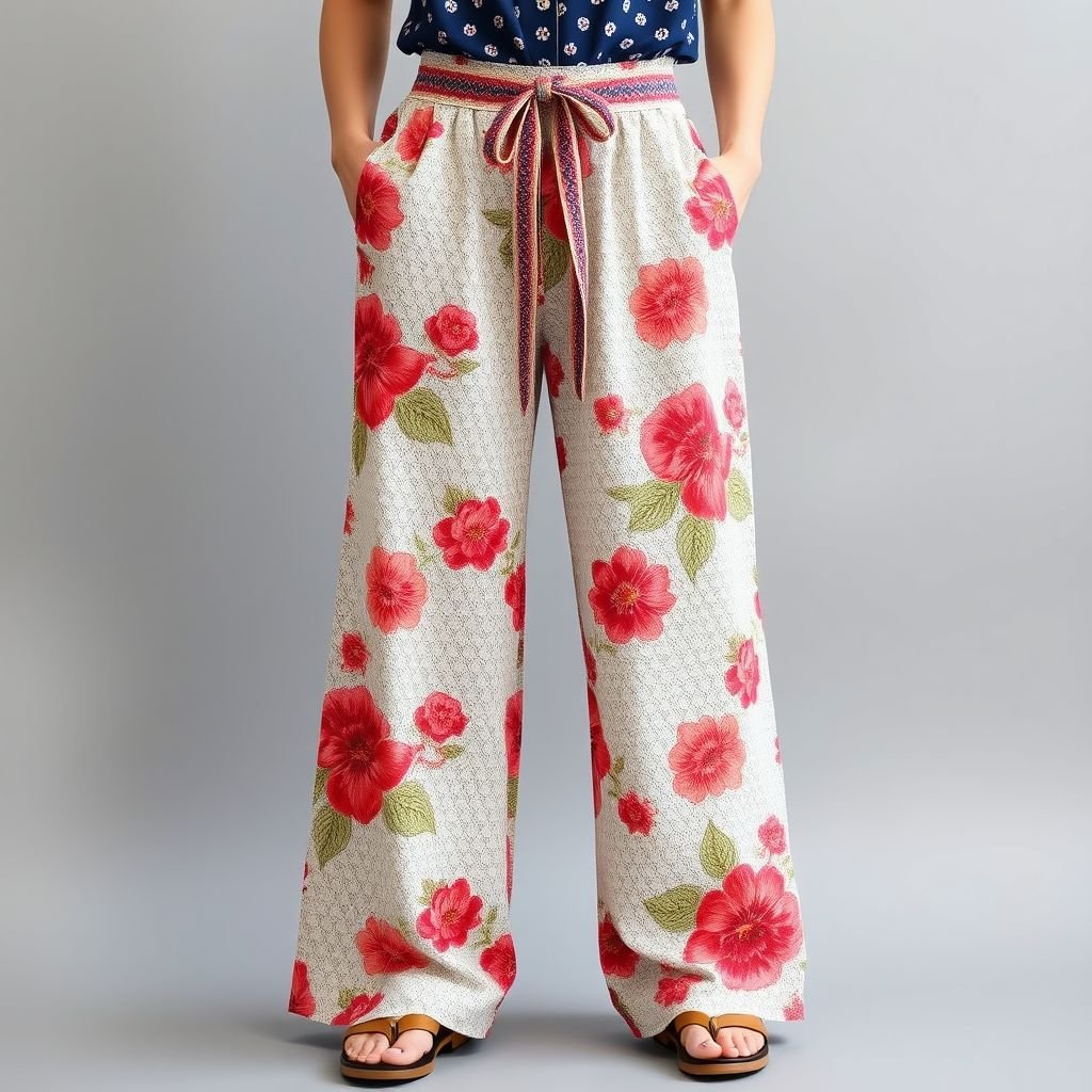 Padelefon summer Pants removal self tie lace belt cotton light
Design a pair of vintage-inspired summer pants crafted from lightweight cotton with a delicate lace texture. The pants feature a high-waisted silhouette and wide-legged cut, adorned with a charming self-tie lace belt that cinches at the waist. Bold floral patterns reminiscent of the 70s add a whimsical touch to this nostalgic ensemble.